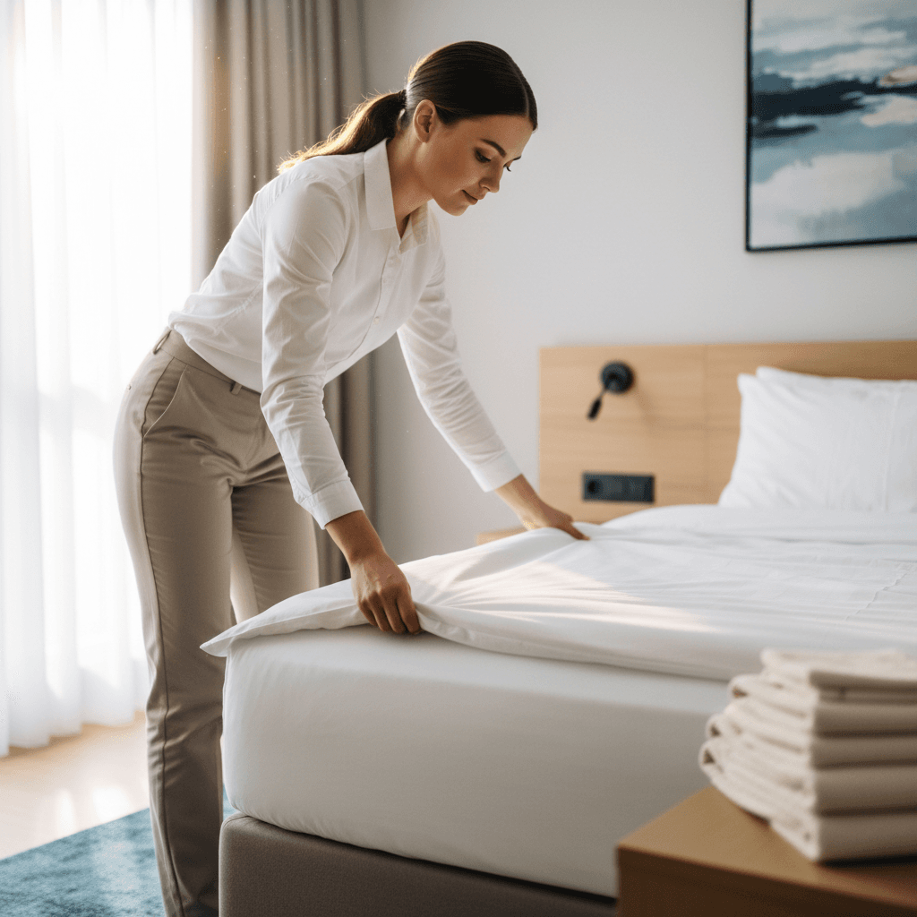 Rental property cleaner preparing bed for guest arrival