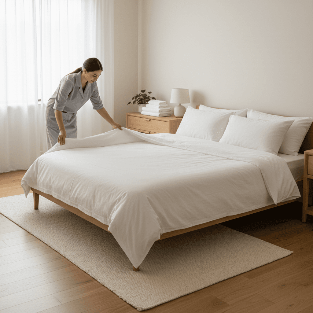 Professional preparing a clean bedroom for guests