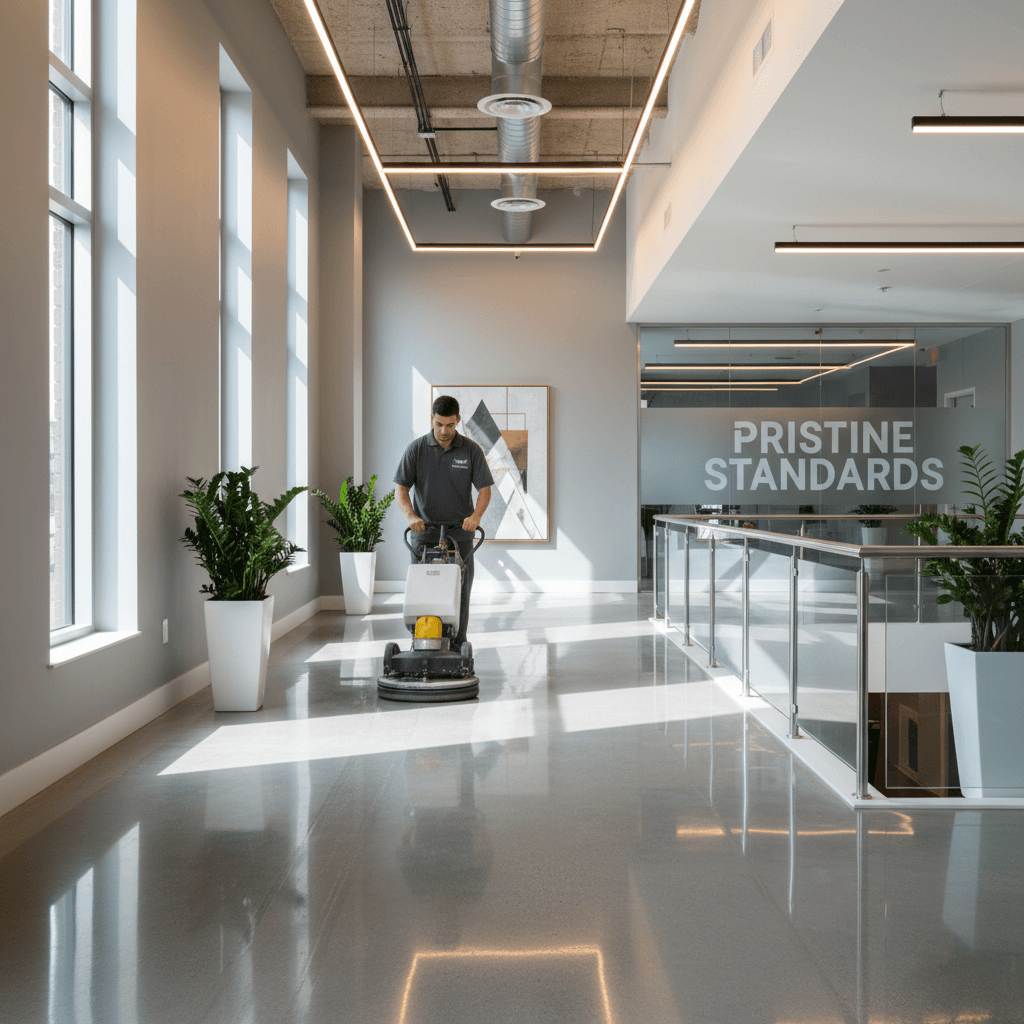 Professional cleaning a multifamily property common area