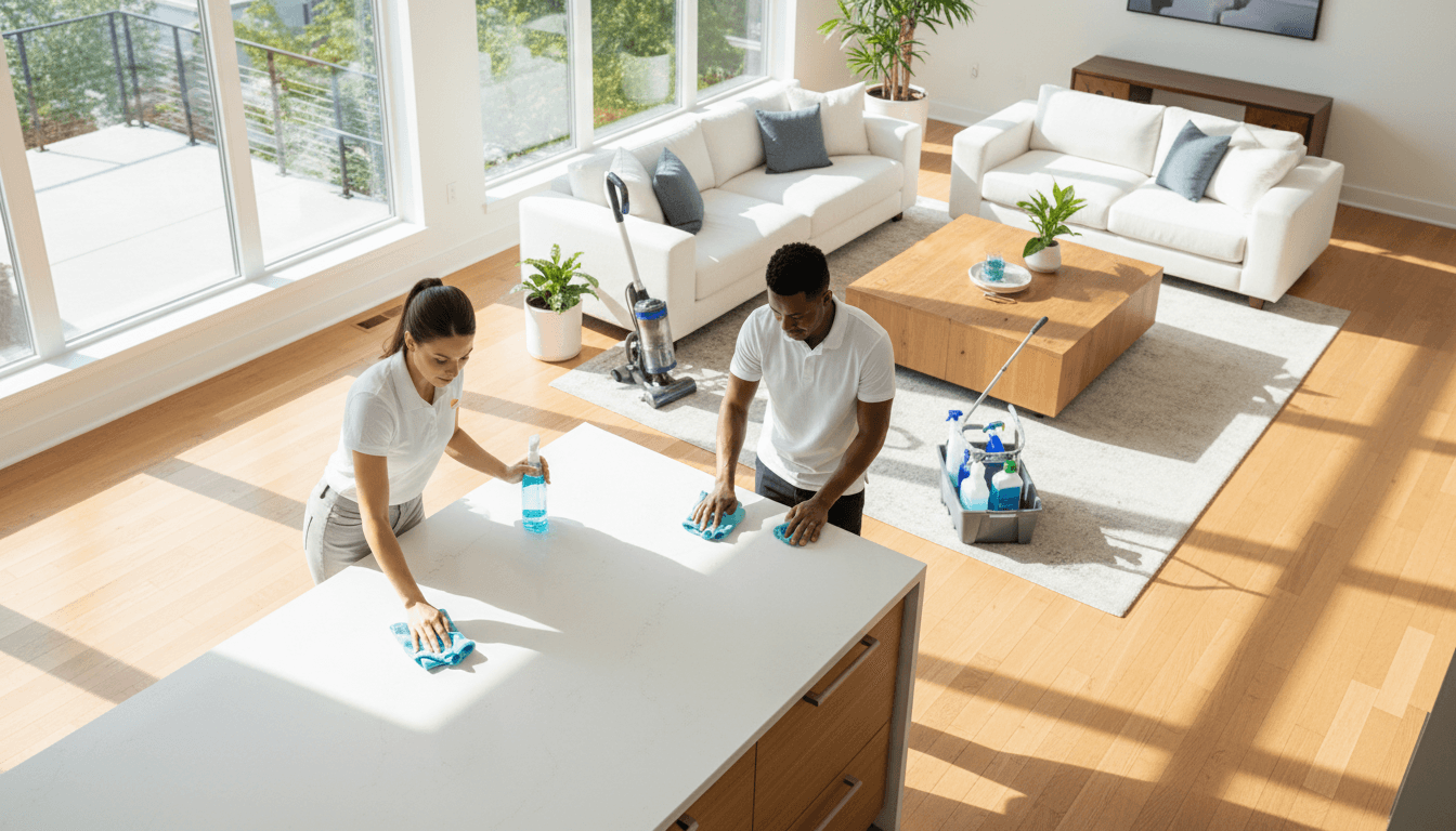 Professional cleaning team working efficiently in a modern Atlanta home