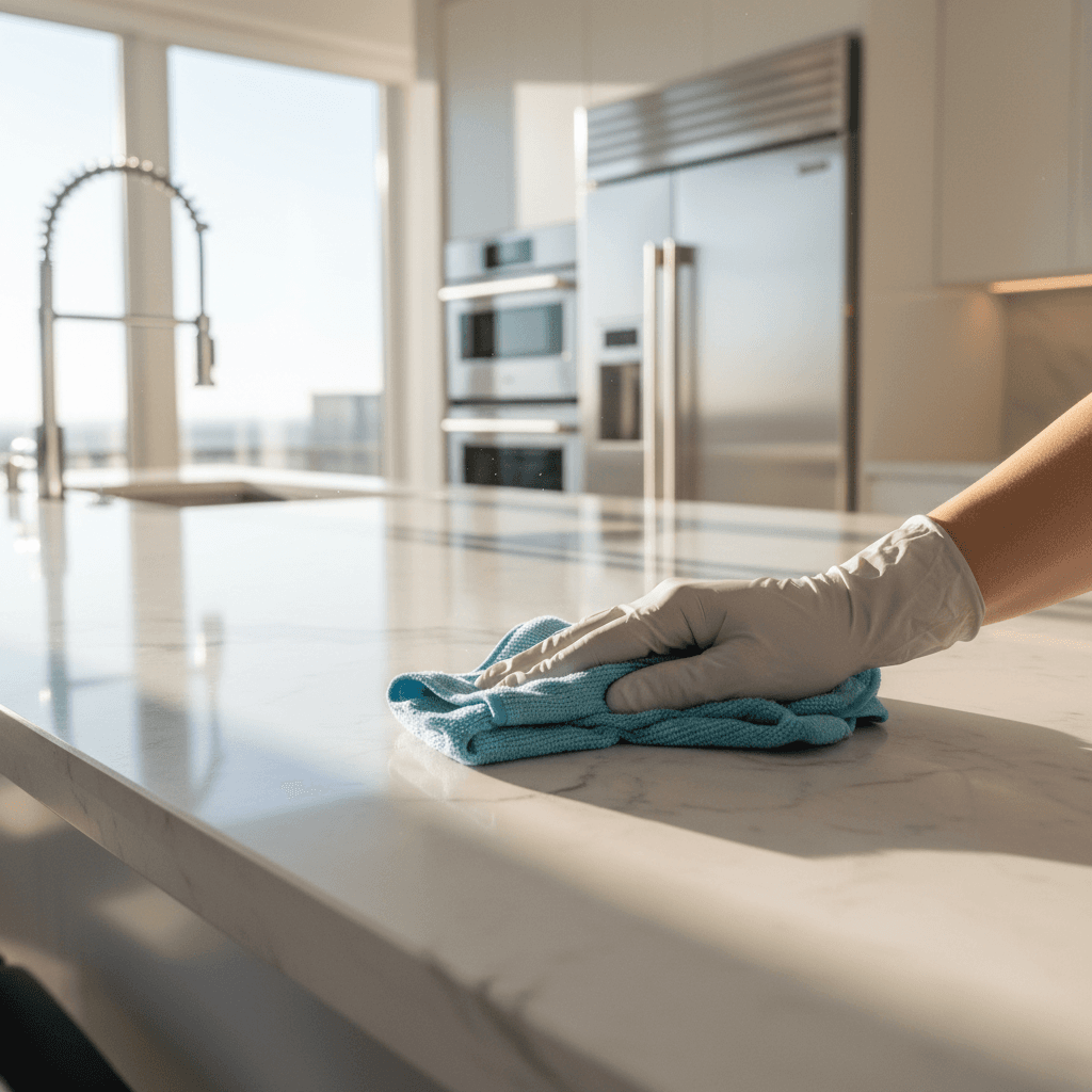 Professional cleaning a kitchen countertop