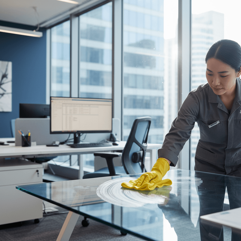 Professional sanitizing an office desk