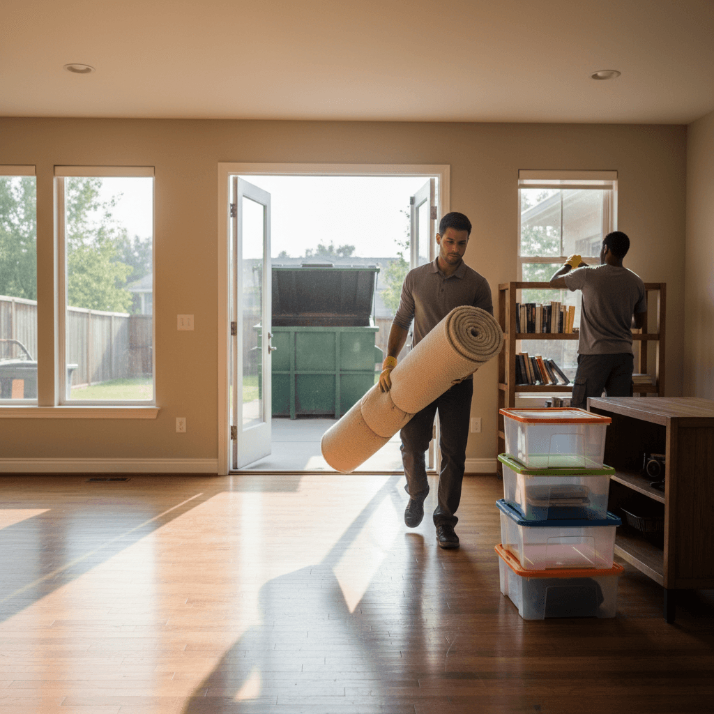 Professional residential cleaning and junk removal service in progress