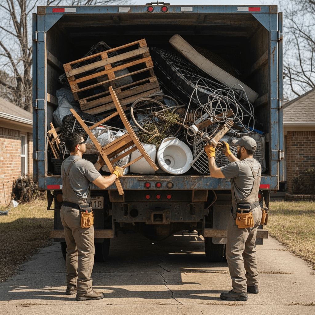 Junk removal workers loading truck with property debris