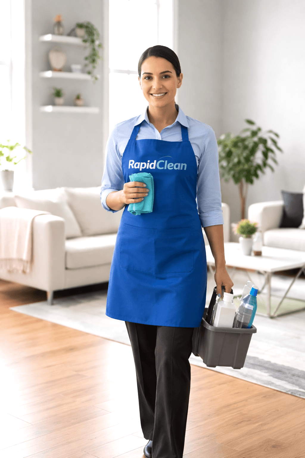 Smiling woman in a blue RapidClean apron carrying cleaning supplies in a bright living room.